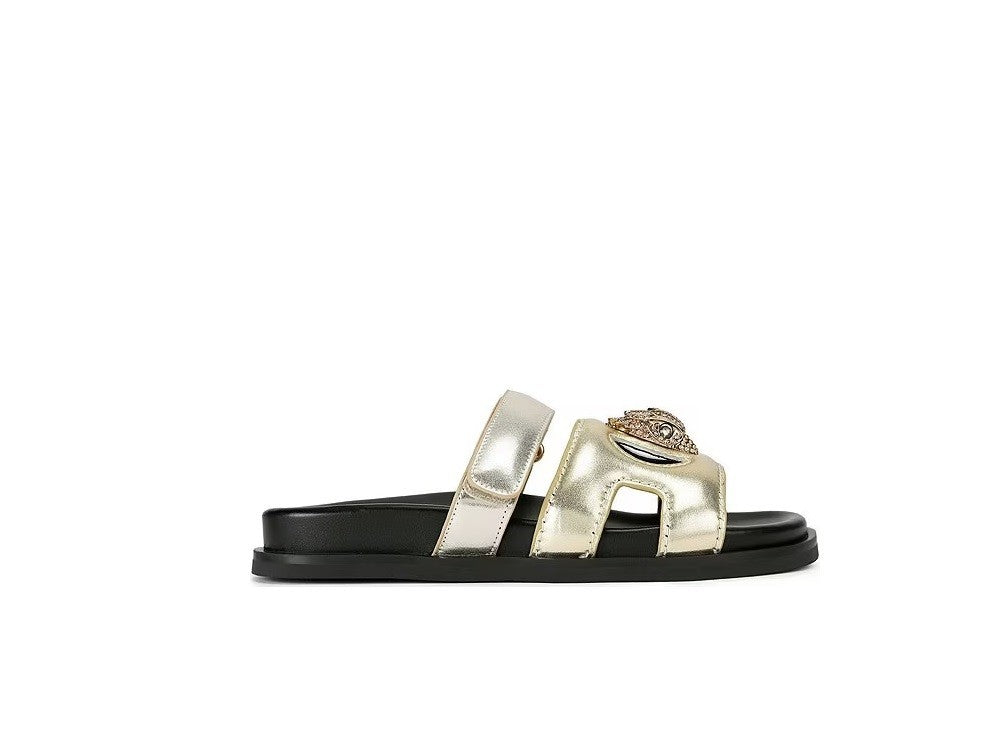 Kurt Geiger Eagle Metallic Leather Logo Ornament Slide Sandals Gold Comb 101