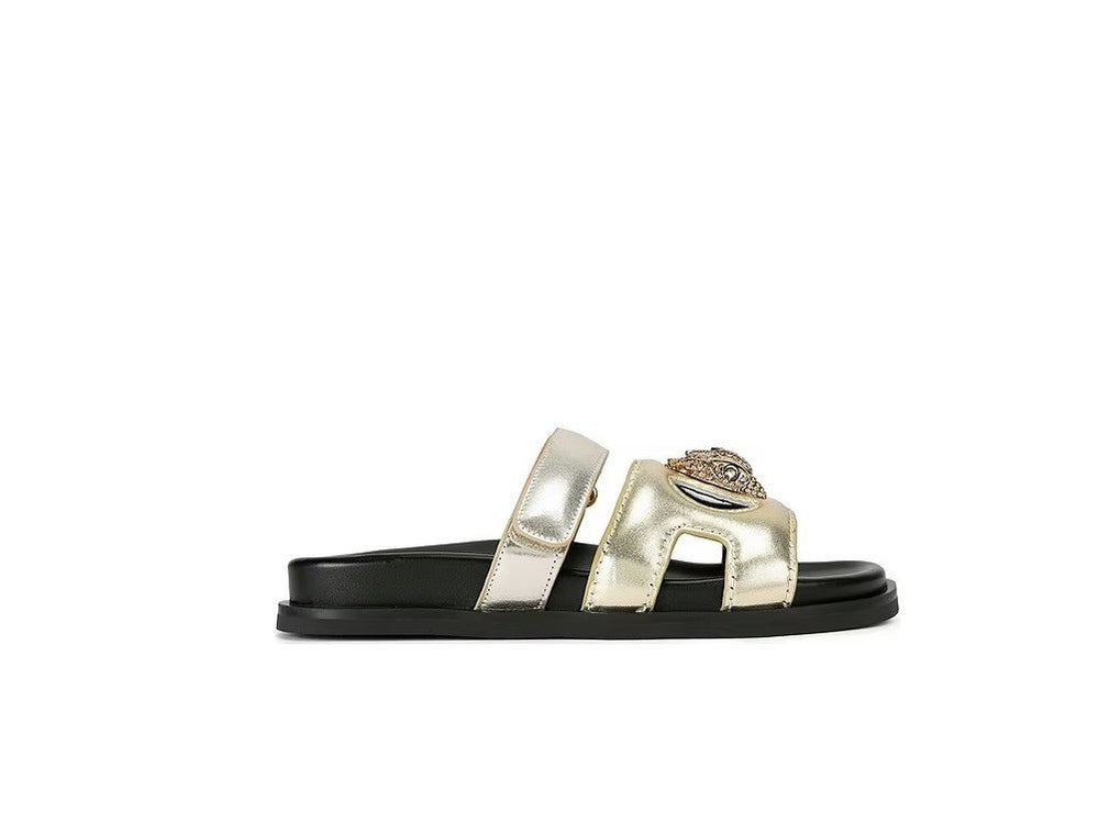 Kurt Geiger Eagle Metallic Leather Logo Ornament Slide Sandals Gold Comb 101