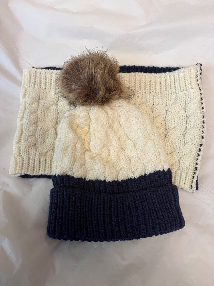 Halston Cable Knit Colorblock Pom Beanie & Neck Warmer Set 0