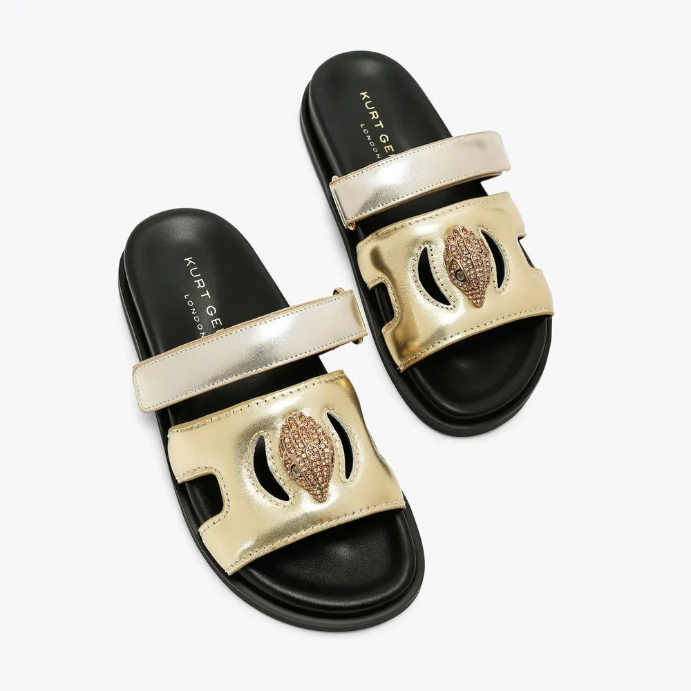 Kurt Geiger Eagle Metallic Leather Logo Ornament Slide Sandals Gold Comb 100