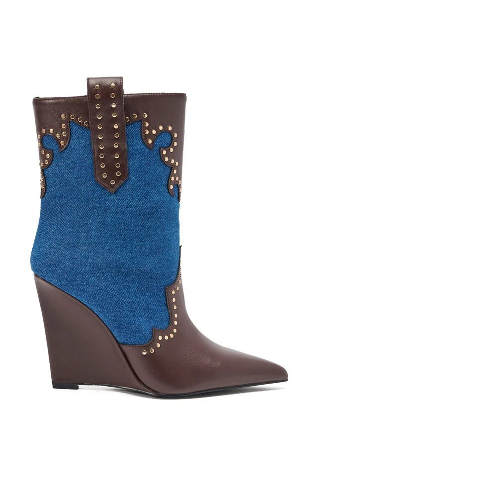 Azalea Wang Tallulah Denim Wedge Western Bootie 8 M US0