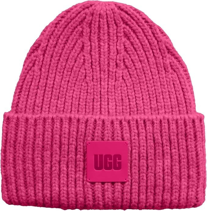 UGG Womens Chunky Rib Beanie with UGG Logo Chroma Pink One Size0