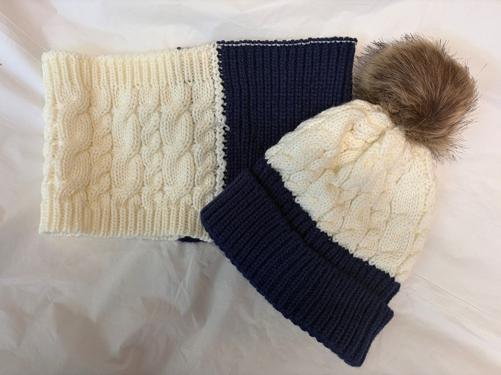 Halston Cable Knit Colorblock Pom Beanie & Neck Warmer Set 1