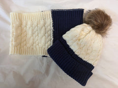 Halston Cable Knit Colorblock Pom Beanie & Neck Warmer Set 1
