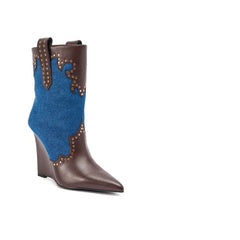 Azalea Wang Tallulah Denim Wedge Western Bootie 8 M US1